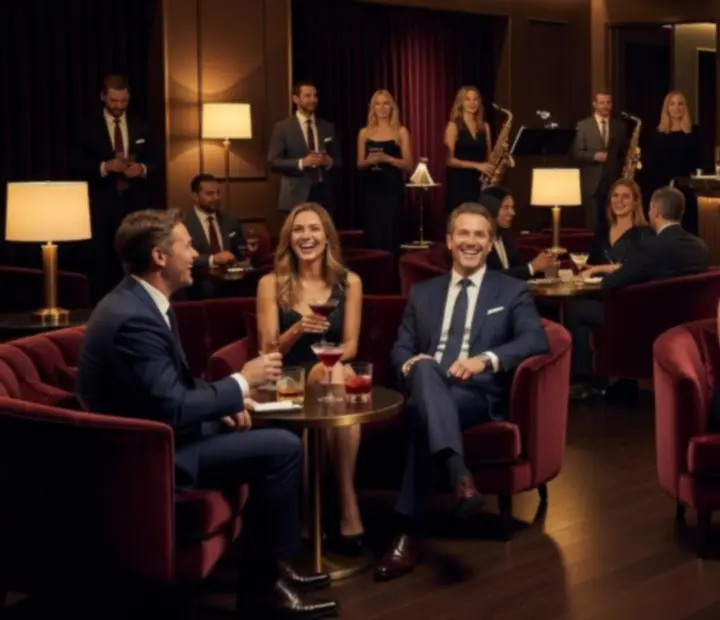 Skupina kolegů diskutuje u cocktail reception během teambuildingového večera