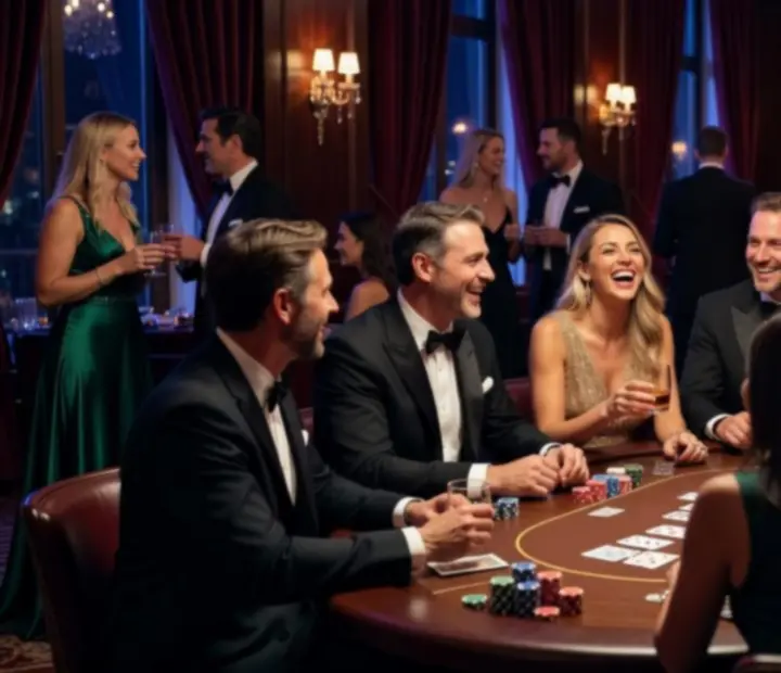 Momentka z luxusního poker eventu s hosty a nasvícenými stoly