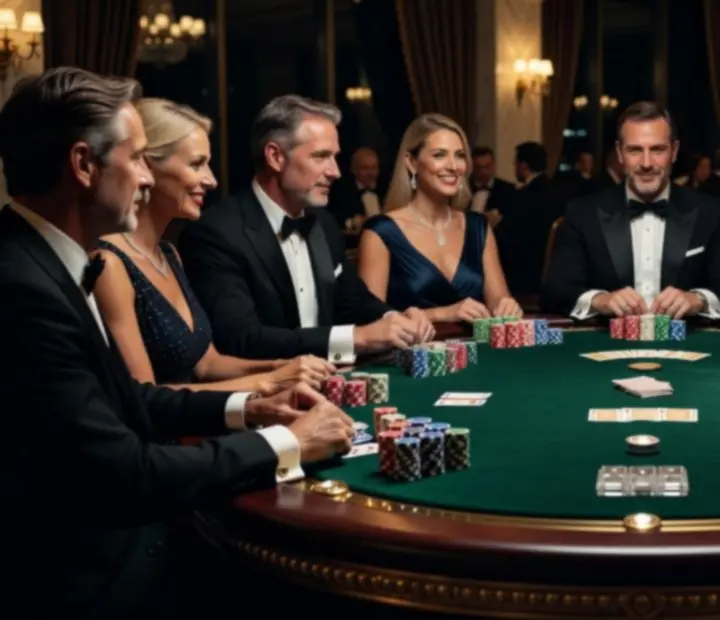 Luxusně nasvícený poker stůl s hosty během večerního eventu