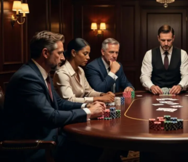 Účastníci teambuildingu u pokerového stolu diskutují o strategii v elegantním prostředí