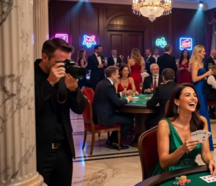Profesionální fotograf zachycuje VIP event v luxusním nočním prostředí